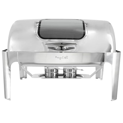 MegaChef 9.5 Quart Oblong Roll Top Stainless Steel Professional Kitchen Chafing Dish/Food Warmer/Buffet Server Serving Trays for Entertaining, Catering, Large Gatherings (9.5 Quart w/Window) - size: 9.5 Quart w/ Window