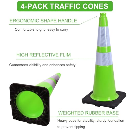 OrangeStar 28" Traffic Cones 4-Pack Green Safety PVC Cones - color: Green, size: 28in