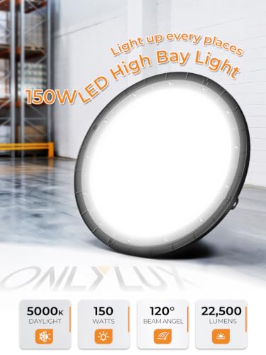 ONLYLUX 150W UFO LED High Bay Light 22500LM 5000K High Bay Shop Lighting