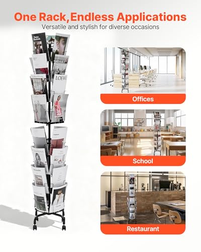 VEVOR Greeting Cards Display Rack, 32 Pockets Rotating Postcard Brochure Display Stand, 360° Spinning Card Display Rack with Sign Holder & 4 Wheels (2 Lockable) for Exhibitions Office Trade Show - size: without wheels