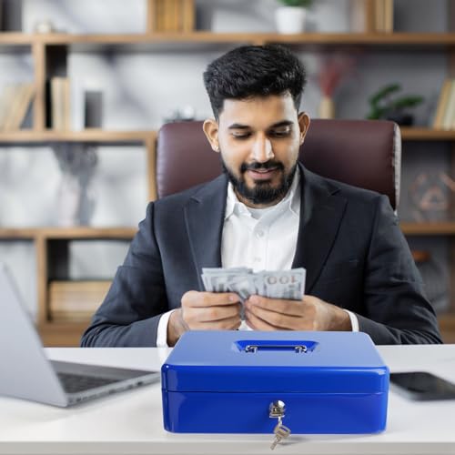 Cash Box with Money Tray and Lock, Metal Money Box for Cash Register 4 Keys - color: Blue