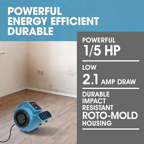 Mini Air Mover | Carpet Dryer and Blower Fan | High-Velocity Floor Fan for Crawlspaces, Attics, Basements, Bathrooms | 1/5 HP 800 CFM | Water Damage Restoration, Grow Rooms | PA-200-AM | Blue