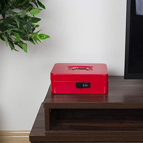 KYODOLED Large Cash Box with Combination Lock Safe Metal Money Box with Money Tray for Security Lock Box 9.84"x 7.87"x 3.54" Red Large - color: Red (Pack of 1), size: Large