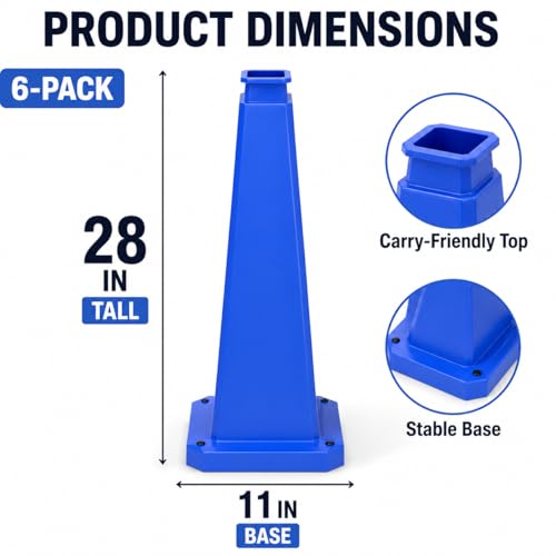 BESEA 6 Pack 28 Inch Blue Traffic Cones with Weighted Base - color: Blue, size: 28INCH