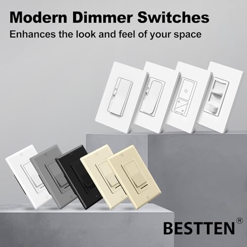 BESTTEN 5PK Dimmer Switch, Single Pole or 3-Way, Neutral Wire Not Required - color: White
