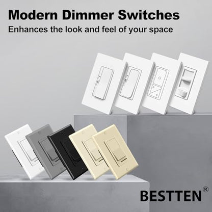 BESTTEN 5PK Dimmer Switch, Single Pole or 3-Way, Neutral Wire Not Required - color: White