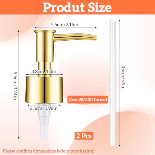 2 Pack Soap Dispenser Pump Replacement Gold Plastic Hand Soap Pumps for Standard 28/400 Thread Size Jar Pumps Dispenser Lid for Lotion Dish Soaps Refill Dispensers Bathroom Kitchen