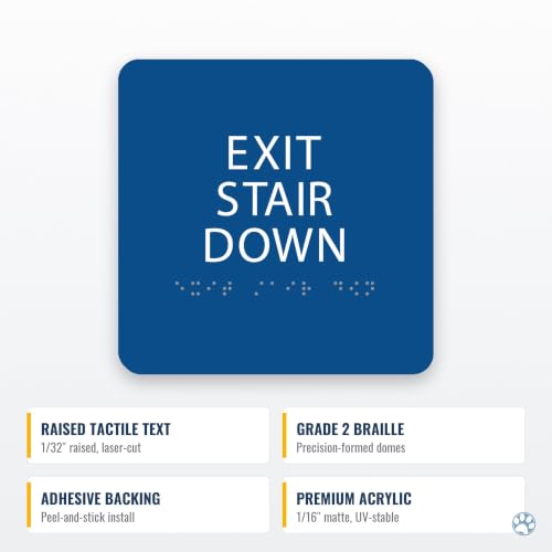 Alpha Dog Exit Stair Down Sign, 6x6 ADA Braille Sign, Blue - color: Blue, size: Exit Stair Down