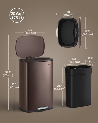 SONGMICS 20 Gallon (75 L) Trash Can, Stainless Steel, Step-On Pedal - color: Brown, size: 20 Gal.