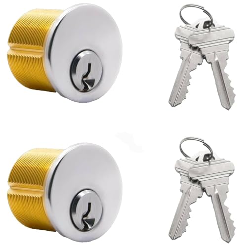 2 Pack Brass Mortise Cylinder Lock with SC Keyway, 1 Inch Length Keyed Standard SC1 Keyway, Standard Commercial Door Replacement Lock Mortise Cylinder for Home Aluminum Door