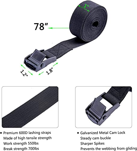 Premium Tie Down Nylon Strap - 2Pcs Cam Buckle Tie Down Straps Heavy Duty Secure Straps up to 500 lbs Capacity for Motorcycle,SUP, Kayak, Canoe, Surfboard, Cargo, Boat,Trailer(1'' x 6.5Ft Black) - size: 2PCS