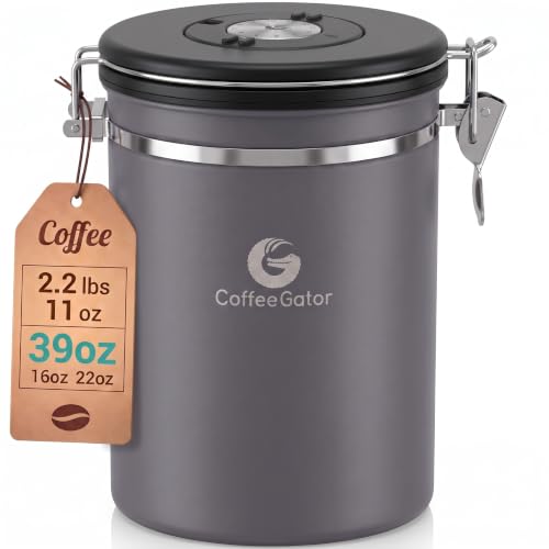 Coffee Gator Coffee Canister, 39oz Large Airtight Stainless Steel Container - color: Gray, size: 39oz