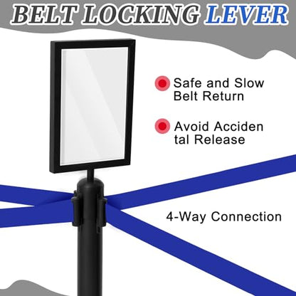 Therwen 6 Pack 9.8 ft Heavy Duty Crowd Control Stanchions Stainless Steel Stanchion Set with 6 Safety Barrier Post with Retractable Blue Belt and 1 Sign Holder Crowd Control Barrier