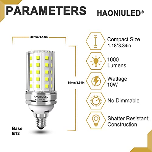 E12 LED Light Bulbs, 10W, Daylight White, 1000 Lumens, 100 Watt Equivalent, Non-Dimmable, Edison Candelabra, Flicker Free, Tubular LED Corn Bulb, 5 Pack - color: E12 6000k Daylight White