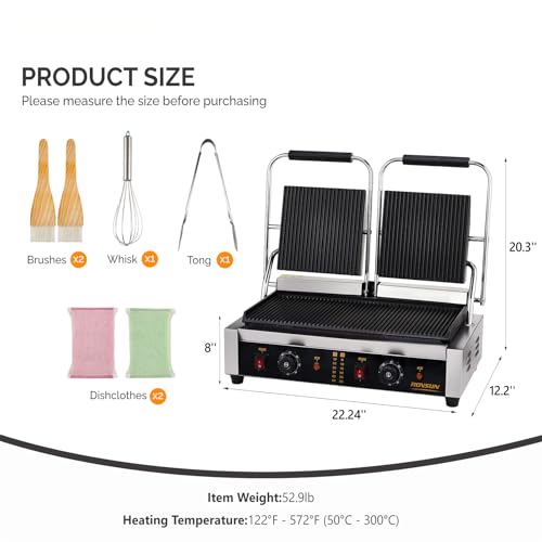Bonnlo 813 Commercial Sandwich Make, 3600W Stainless Steel Countertop Panini Press Grill with Adjustable Temp 122°F–572°F, For Steak, Burgers, Home & Restaurant Use, 110V, Silver - size: 12.2"D x 22.2"W x 8"H
