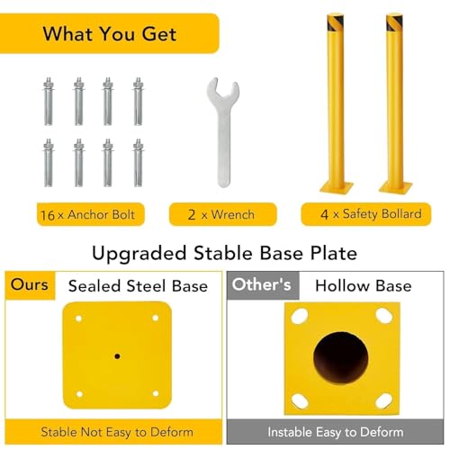 4-Pack 42 Inch Steel Safety Bollards, 4.5 Inch Diameter Parking Bollard Post with 16 Anchor Bolts, Yellow Safety Steel Bollard Post for Driveway Barrier, Traffic Control & Storefront Protection - size: 42 Inch