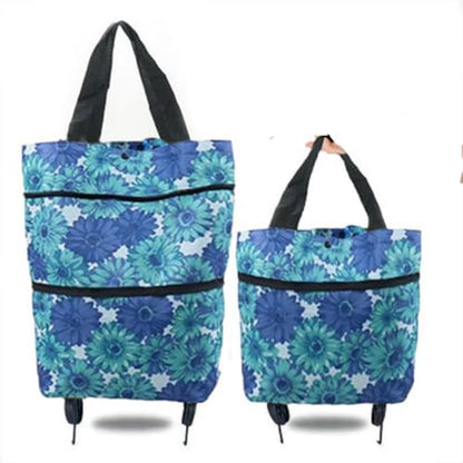 Foldable Wheeled Grocery Bag - Water-Resistant Rolling Tote - color: Blue Flower