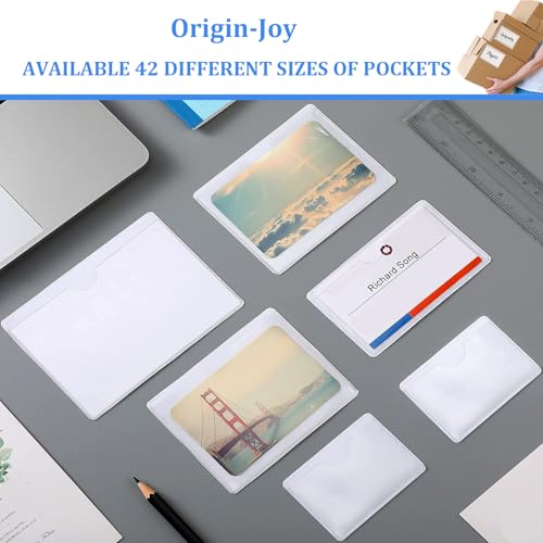 Origin-Joy 35 PCS Self Adhesive Index Card Pockets with Top Open, Clear Plastic Label Holder for Cards of Note, Library and Business, Adhesive Label Pockets & Card Holder (3 x 2 inch) - size: 3 x 2 inch, style: Horizontal