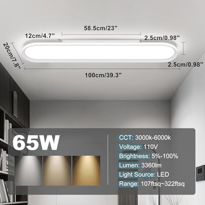 ADISUN Modern LED Ceiling Light Dimmable Linear Ceiling Light 39.4in Semi Flush Mount Long Lights with Remote Control and Side Lighting for Living Room Kitchen Dining Room - color: White-1Pack, size: 39 Inch