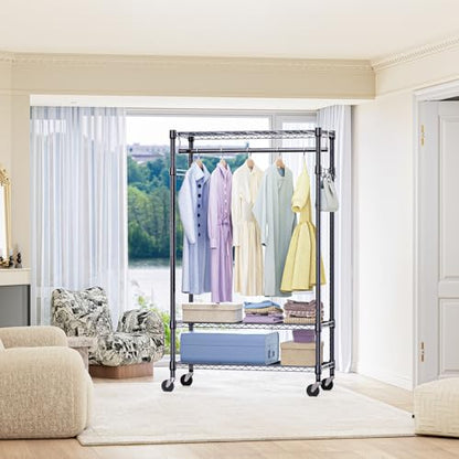 IZEUK Heavy Duty Rolling Garment Rack Wire Clothes Rack for Hanging Clothes (Black, 3 Tier with 2 Rod, 29.5" W x 15.7" D x 75" H) - color: Black, size: 3 Tier with 2 Rods, 15.7"D x 29.5"W x 75"H