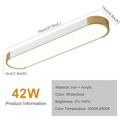 Tioolo Dimmable LED Ceiling Light with Remote 42W Kitchen Lighting Fixtures Ceiling White and Gold Long Ceiling Light Fixture 27.5 Inch Flush Mount Ceiling Lights for Kitchen Dining Room Hallway - color: White+Gold/42W