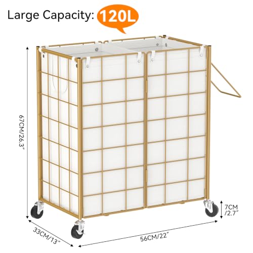 WOWLIVE Double Laundry Hamper with Wheels, Metal Rolling Laundry Basket - color: Golden, size: 120l