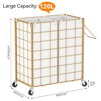 WOWLIVE Double Laundry Hamper with Wheels, Metal Rolling Laundry Basket - color: Golden, size: 120l