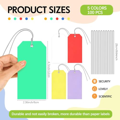 100 Pcs Waterproof Plastic Tags with Wire, 4 3/4" x 2 3/8", Multi Color