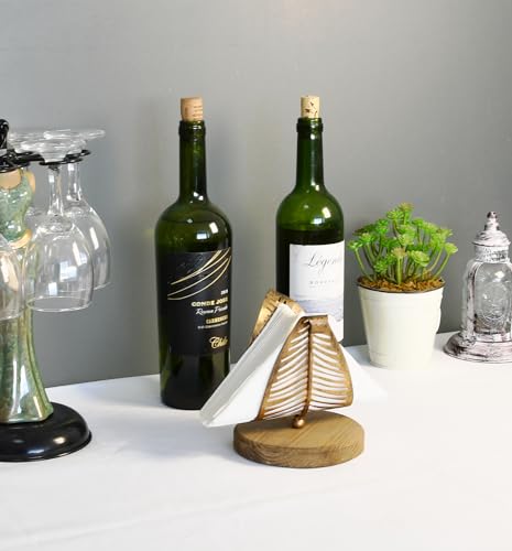 OwlGift Freestanding Modern Napkin Holder w/Bronze Metal Leaf & Brown Wooden Base Design, Tabletop Tissue Dispenser, Napkin Storage Organizer - color: Brown / Bronze