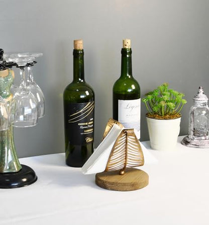 OwlGift Freestanding Modern Napkin Holder w/Bronze Metal Leaf & Brown Wooden Base Design, Tabletop Tissue Dispenser, Napkin Storage Organizer - color: Brown / Bronze