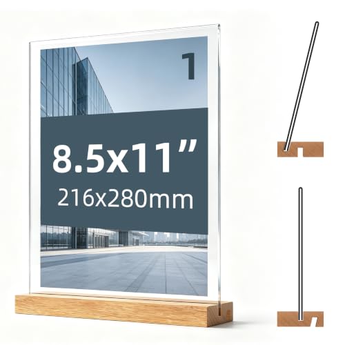 Acrylic Sign Holder with Wood Base, Dual Slot Design L/T Shape Tabletop Display Stand, Vertical Double-Sided & Slant Back Single-Sided Clear Acrylic Frame for Restaurant Menu, Retail Price Tag, Office Sign, Wedding Decoration (8.5x11 1Pack) - size: 8.5x11