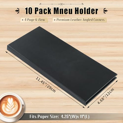 Restaurant Menu Covers Holders 4.25" x 11" | Pack of 10 Synthetic Leather Quad Fold Panels 6 View Angled Corners Black for Wine List, Drinks (10, Quad Fold Panels 6 View (4.25 x 11 inch)) - size: Quad Fold Panels 6 View (4.25 x 11 inch )
