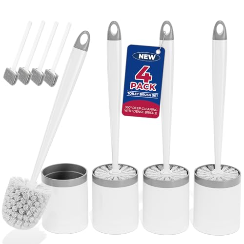 Holaloha Toilet Brush and Holder Set, Compact Design, 4 Pack, White