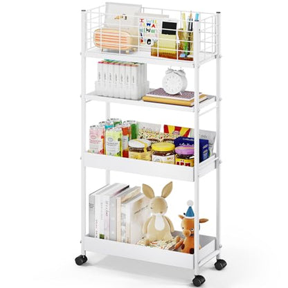 KINGRACK 4 Tier Slim Rolling Cart, Metal Utility Storage Cart with Wheels - color: White, size: 4-Tier