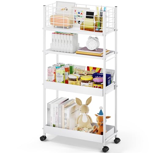 KINGRACK 4 Tier Slim Rolling Cart, Metal Utility Storage Cart with Wheels - color: White, size: 4-Tier