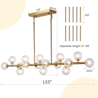 Gold Globe Chandelier Linear Rectangle Modern Chandelier Glass Pendant Light Fixture Adjustable for Dining Living Room Kitchen Island 55" - color: transparent-55in