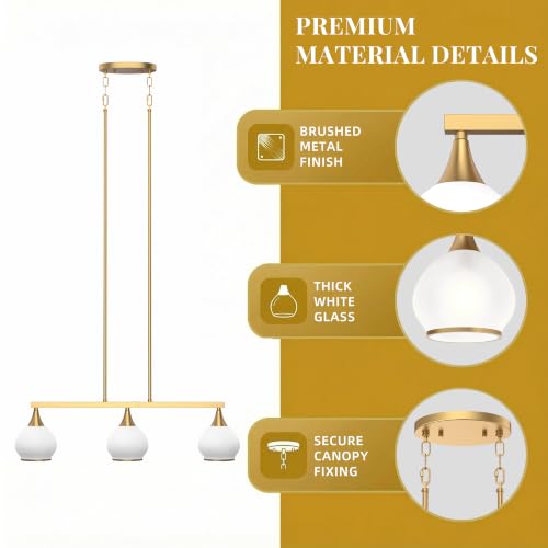 Phaosio Brushed Gold Kitchen Island Linear Pendant Light, 3-Light - color: Gold (White Glass Shades), size: 3-Light