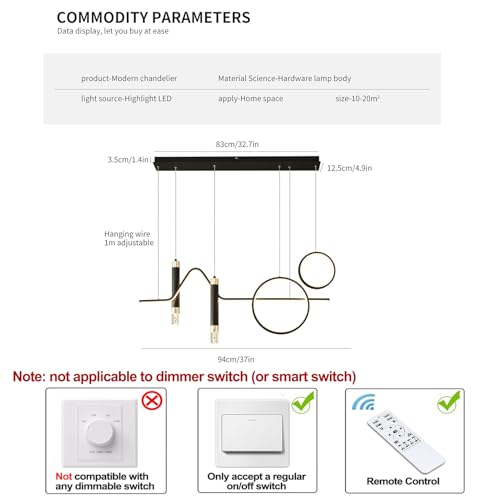 Siittoo 37" Modern LED Pendant Light, Dimmable Linear Chandelier Black - color: Black-2 Rings & 2 Bubble Lights-45W