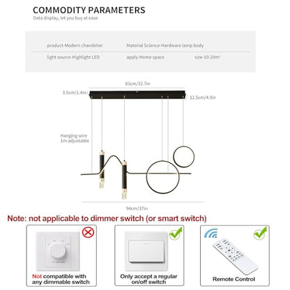 Siittoo 37" Modern LED Pendant Light, Dimmable Linear Chandelier Black - color: Black-2 Rings & 2 Bubble Lights-45W