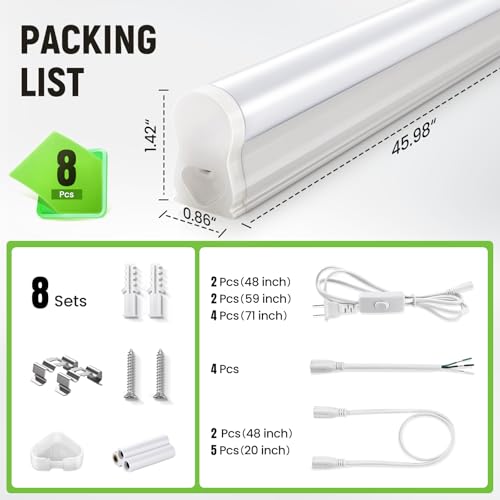 Pak 4FT LED Shop Lights, 2300LM 6500K Cool White, 20W Energy Efficient Linkable Ceiling and Under Cabinet Lighting, T5 Integrated Utility Fixture for Garage, Workshop, Basement, FCC Certified, 8 Pack - size: 4FT 6500K-8 Pack