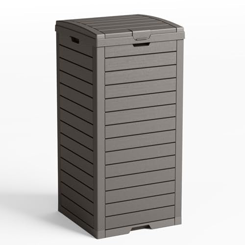 38 Gallon Outdoor Trash Can with lid,Waterproof,UV-Resistant Resin Garbage Can,Lockable Lid and Drip Tray,Trash Bin for Patio,Kitchen, Backyard and Deck(Grey) - color: Gray, size: 16.1*16.3*33.9