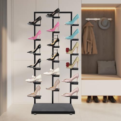 Commercial Clothing Store Shoe Rack Retail Store Shoe Display Shelf Free Standing Shoes Shelf Single Sided Shoes Racks 18 Compartments 24.25lbs Load Capacity (31.5 * 59.06in, Black) - color: Black