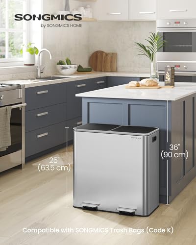 SONGMICS Trash Can, 2 x 10.6 Gallon (2 x 40 L), Silver and Black - color: Silver + Black, size: 2 x 10.6 Gallon
