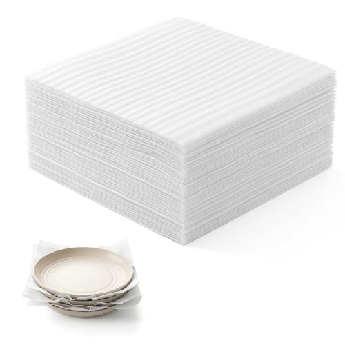 50 Pack Foam Wrap Sheets for Packing Moving, 10” x 10” Reusable Moistureproof Cushioning Foam for Dish Plate, Fragile Packing Supplies