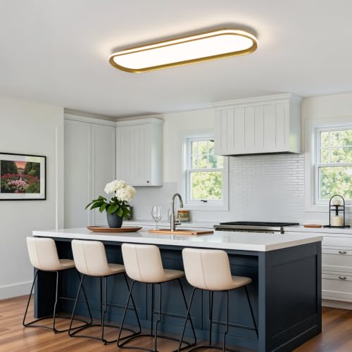 ADISUN Modern LED Ceiling Light Dimmable Linear Ceiling Light 31in Semi Flush Mount Long Lights with Remote Control and Side Lighting for Living Room Kitchen Dining Room Gold - color: Gold-1Pack, size: 31 Inch