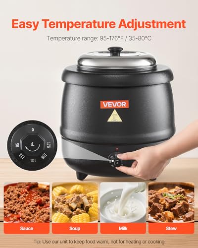 VEVOR Electric Soup Warmer, 10QT Commercial Soup Kettle with 304 Stainless Steel Detachable Insert Pot, 95~176°F Adjustable Temperature, Soup Station for Restaurant and Big Family, Black - size: 1-Pot