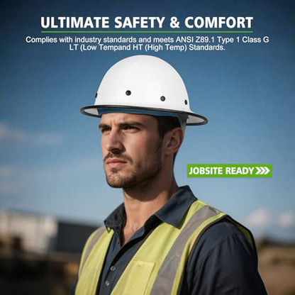 GREEN DEVIL Fiberglass Full Brim Hard Hat OSHA & ANSI Rated Fiber Hardhat for Men with Brim Guard - color: White
