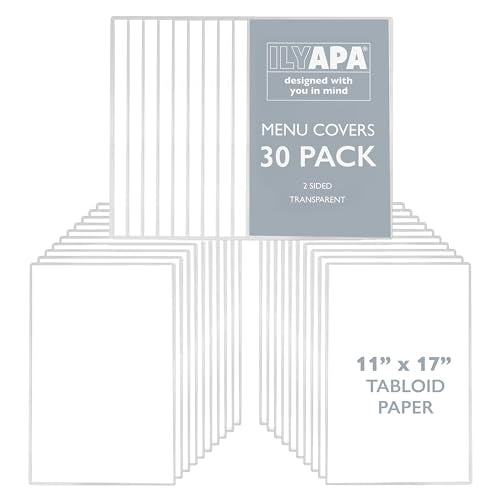 Ilyapa Restaurant Menu Covers 11 x 17 Inch - 30 Pack, Single Page, 2 View Clear Menu Holder Sleeves, Durable PVC Sheet Protector to Cover Inserts - color: Clear, size: 11 x 17
