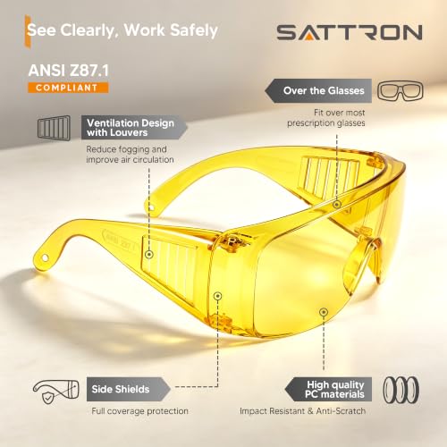 Amber Safety Glasses Over Eyeglasses 6 Pack ANSI Z87.1 Impact & Scratch Resistant, Wide Vision Fits Over Glasses Dust/Chemical Splash Proof Protective Eyewear for Work Construction Yellow Lens - color: 6 Pack/ Amber Glasses