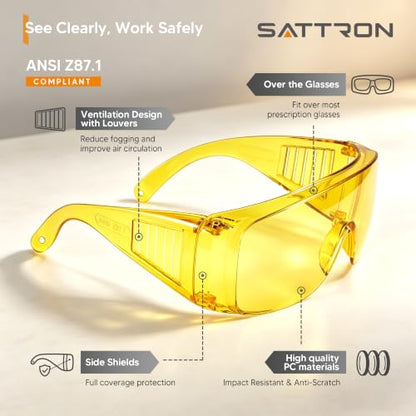 Amber Safety Glasses Over Eyeglasses 6 Pack ANSI Z87.1 Impact & Scratch Resistant, Wide Vision Fits Over Glasses Dust/Chemical Splash Proof Protective Eyewear for Work Construction Yellow Lens - color: 6 Pack/ Amber Glasses